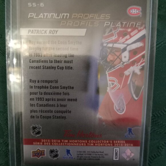 2015/16 UD Tim Horton's Platinum Profiles hockey card SS-6 PATRICK ROY - Picture 2 of 2
